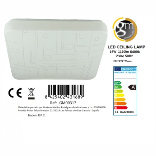 Plafón led 14 watios 6400K cuadrado dibujo (Posibilidad DIFUSOR blanca, hablar con almacén)