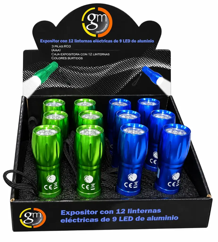 Expositor con 12 linternas a pilas de 9 LED de aluminio (viene con expositor 12 unidades)