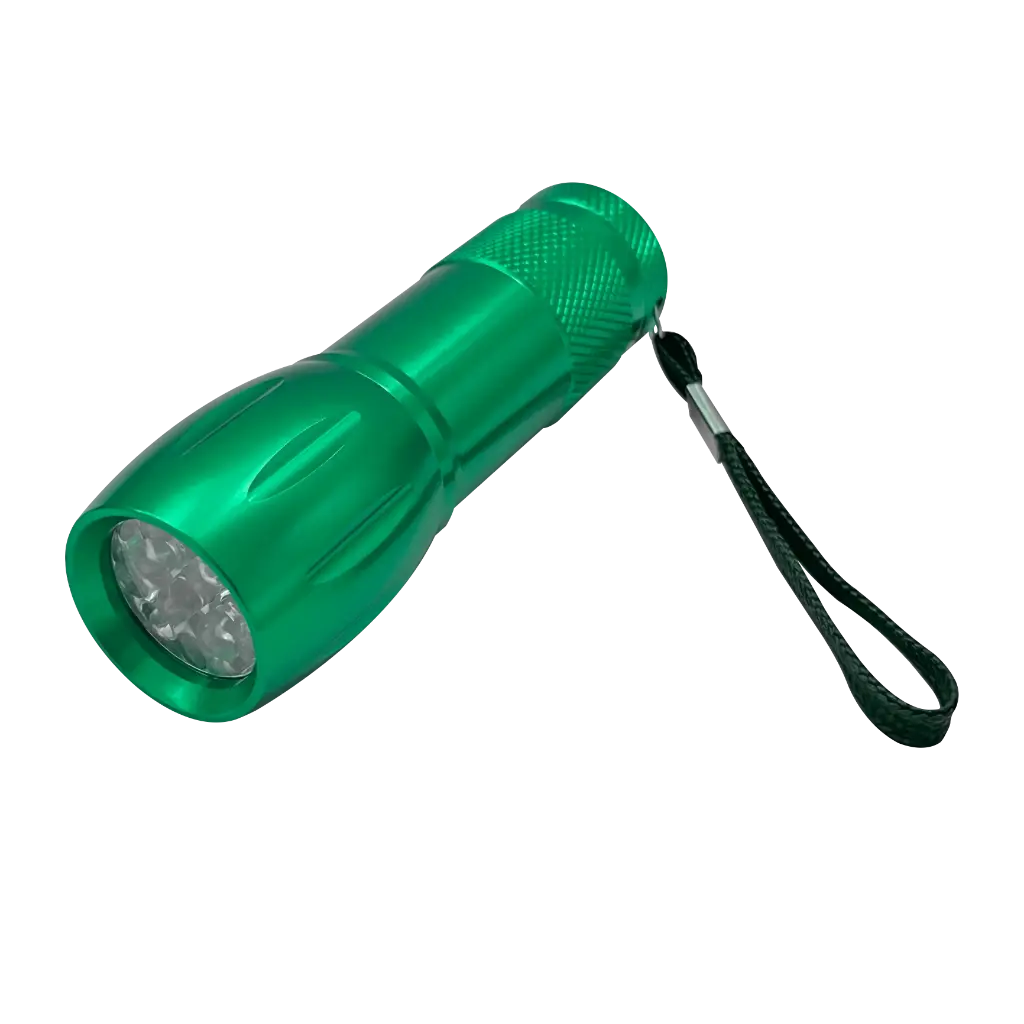 Expositor con 12 linternas eléctricas de 9 LED de aluminio (viene con expositor 12 unidades)