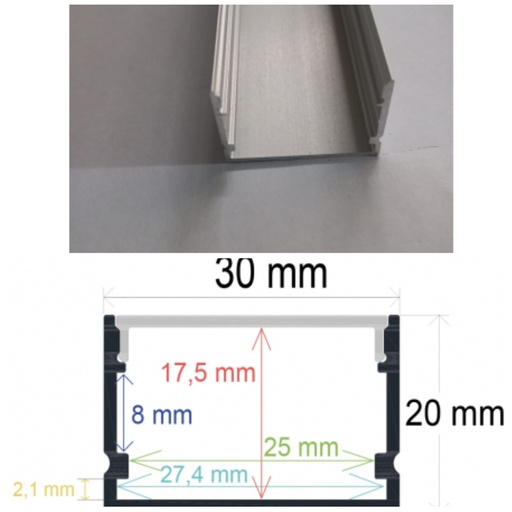 [GM00404] Perfil para tira led 220 voltios 20x30mm  2 metros tira