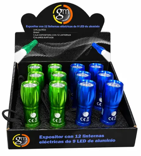 [GM00548] Expositor con 12 linternas a pilas de 9 LED de aluminio (viene con expositor 12 unidades)